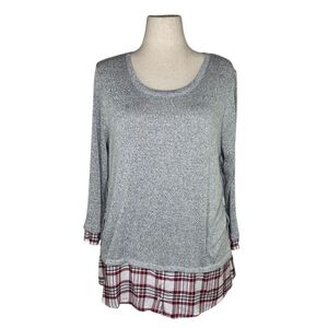 Westport Gray Knit Plaid Hem Tunic Top XL Layered Look Long Sleeve Cozy